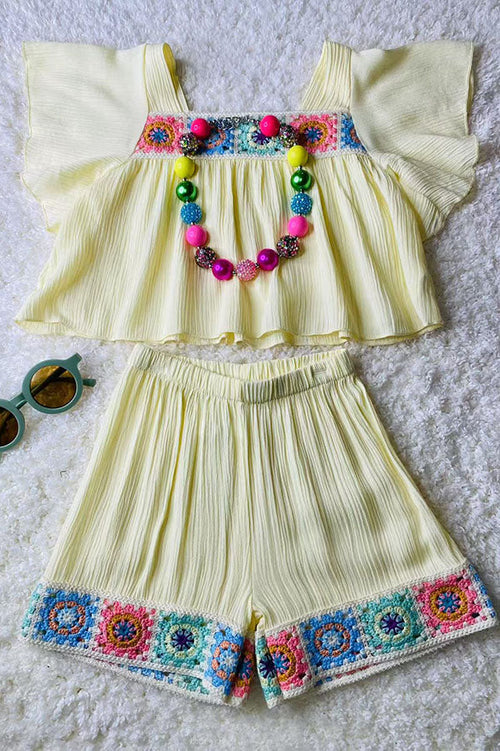 Buy girls clothing online Cream gauze & knitted hems 2pc girls shorts sets DLH2849 (A9S1)