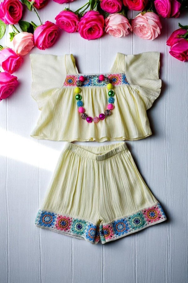 Buy girls clothing online Cream gauze & knitted hems 2pc girls shorts sets DLH2849 (A9S1)