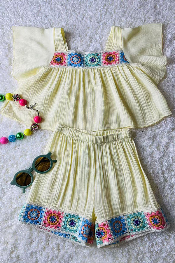 Buy girls clothing online Cream gauze & knitted hems 2pc girls shorts sets DLH2849 (A9S1)