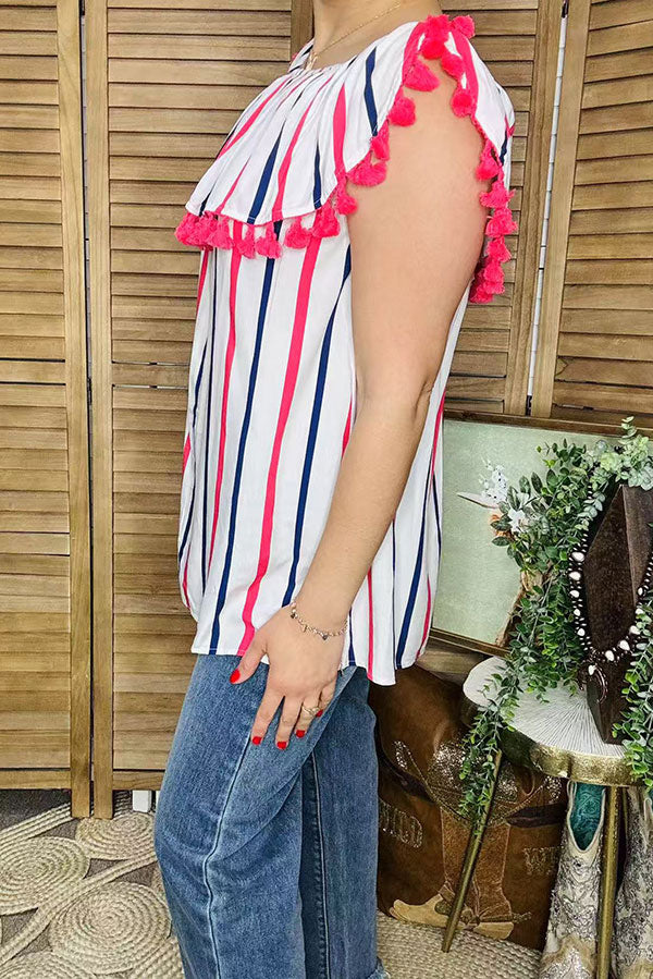 Shop 4th July Stripe printed off shoulder women tops with pompoms BQ13343 IS9