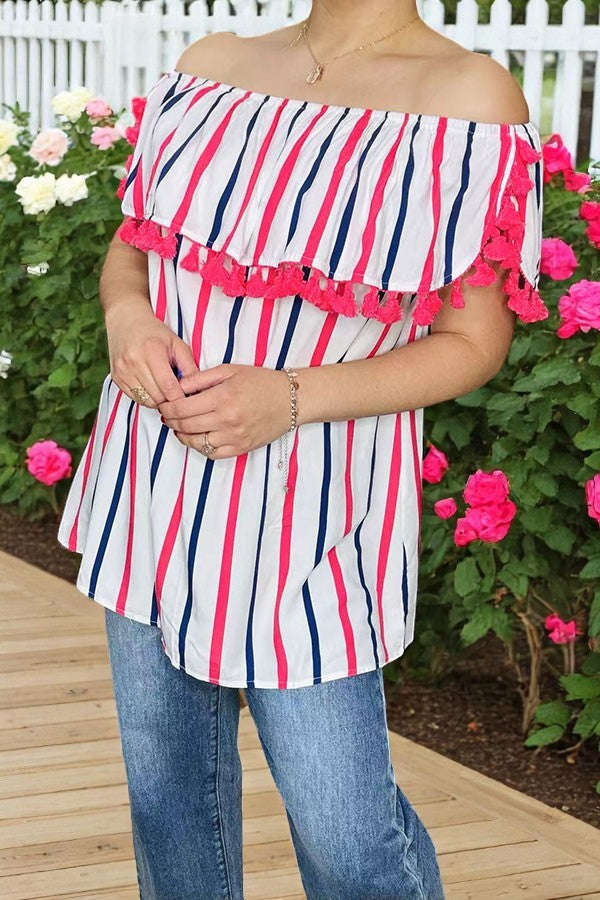 Shop 4th July Stripe printed off shoulder women tops with pompoms BQ13343 IS9