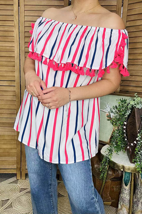 Shop 4th July Stripe printed off shoulder women tops with pompoms BQ13343 IS9