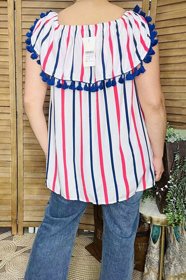 Shop 4th July Stripe printed off shoulder women tops  BQ13343-2 (FS3)