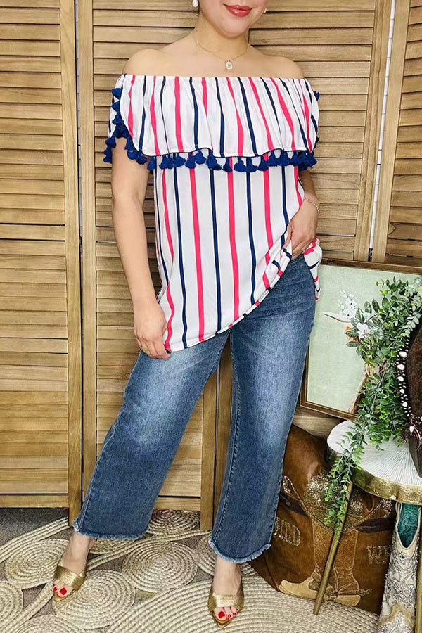 Shop 4th July Stripe printed off shoulder women tops  BQ13343-2 (FS3)