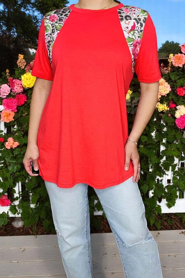Women t-shirt wholesale Orange top w/leopard & floral printed shoulders GJQ10641  ES7