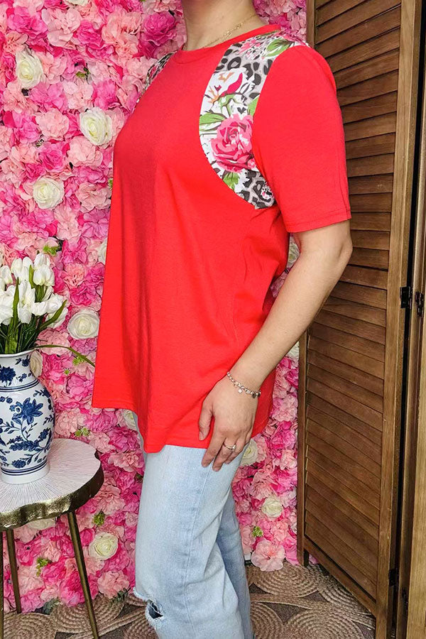Women t-shirt wholesale Orange top w/leopard & floral printed shoulders GJQ10641  ES7