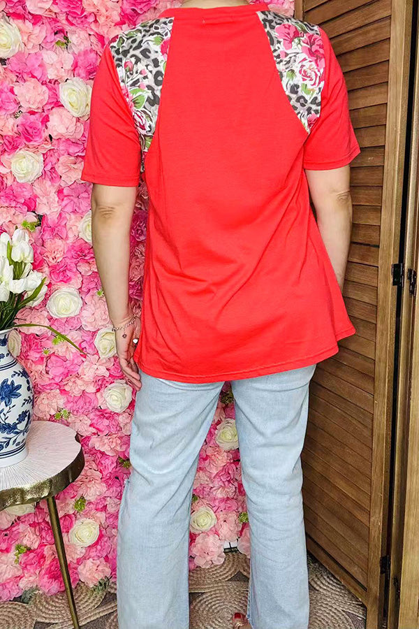 Women t-shirt wholesale Orange top w/leopard & floral printed shoulders GJQ10641  ES7