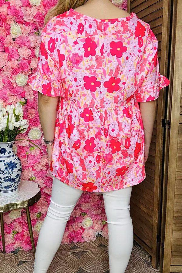 Wholesale boutique clothes Pink floral printed short sleeve w/ruffle baby doll women tops BQ14922 GS7
