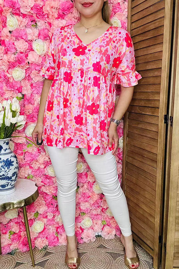 Wholesale boutique clothes Pink floral printed short sleeve w/ruffle baby doll women tops BQ14922 GS7