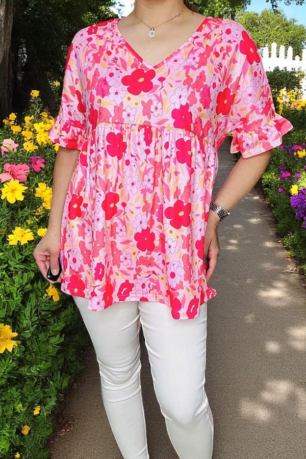 Wholesale boutique clothes Pink floral printed short sleeve w/ruffle baby doll women tops BQ14922 GS7