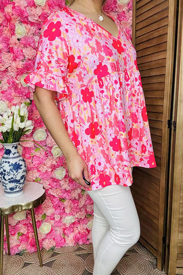 Wholesale boutique clothes Pink floral printed short sleeve w/ruffle baby doll women tops BQ14922 GS7