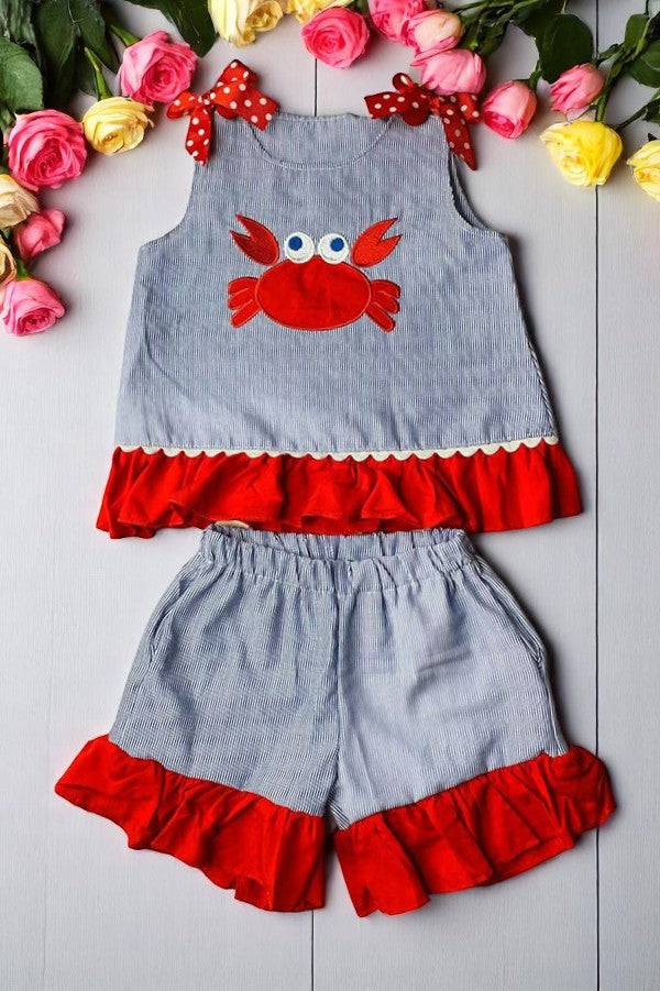 Children's boutique clothing wholesale red crab embroidery shorts 2pc sets DLH2846 (A4S2)