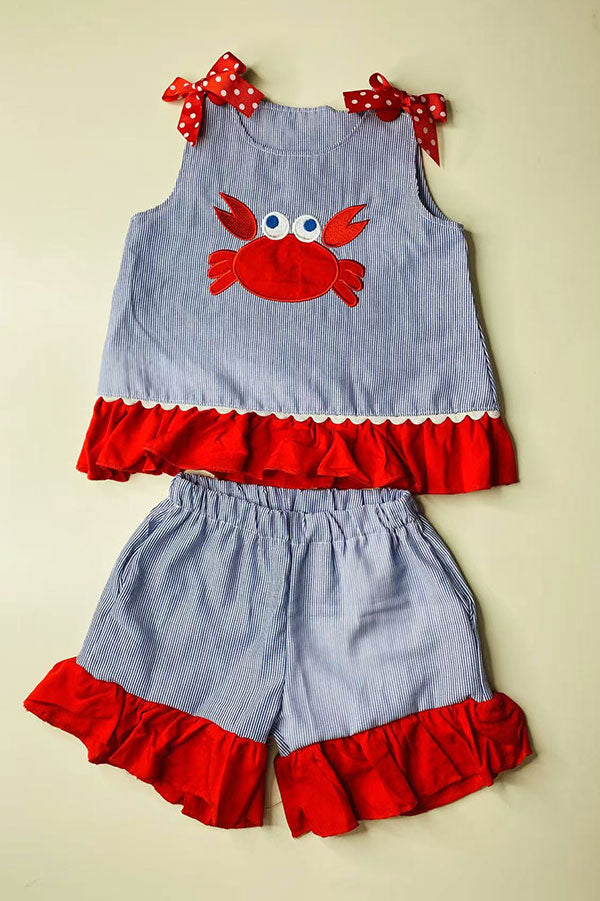 Children's boutique clothing wholesale red crab embroidery shorts 2pc sets DLH2846 (A4S2)