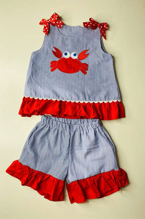 Children's boutique clothing wholesale red crab embroidery shorts 2pc sets DLH2846 (A4S2)