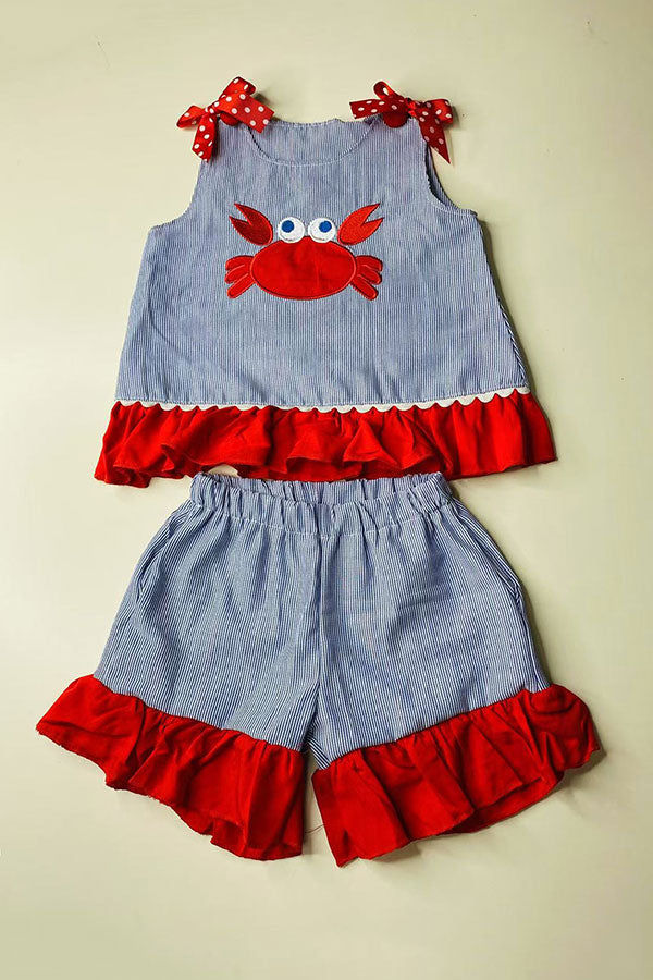 Children's boutique clothing wholesale red crab embroidery shorts 2pc sets DLH2846 (A4S2)
