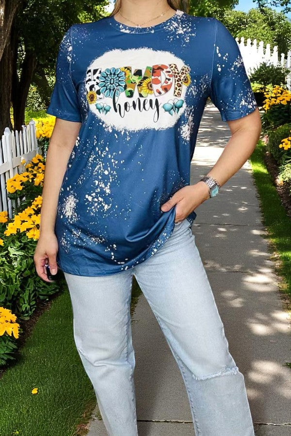 Women's t-shirt wholesaler HOWDY honey & Blue bleached w/short sleeve DLH10876 (GS3)