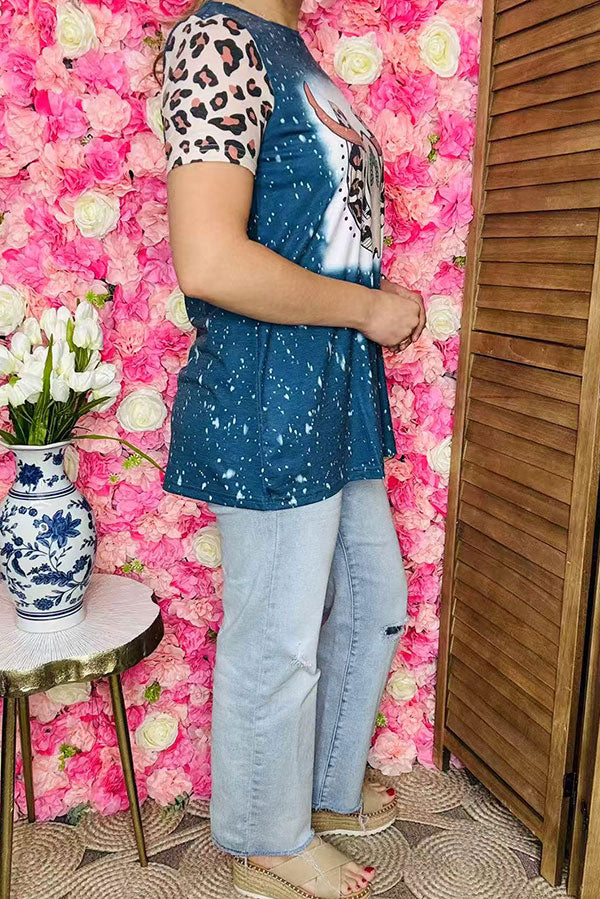 Women's clothing wholesale Bull skull blue leopard printed w/short sleeves XCH11973 (IS13)