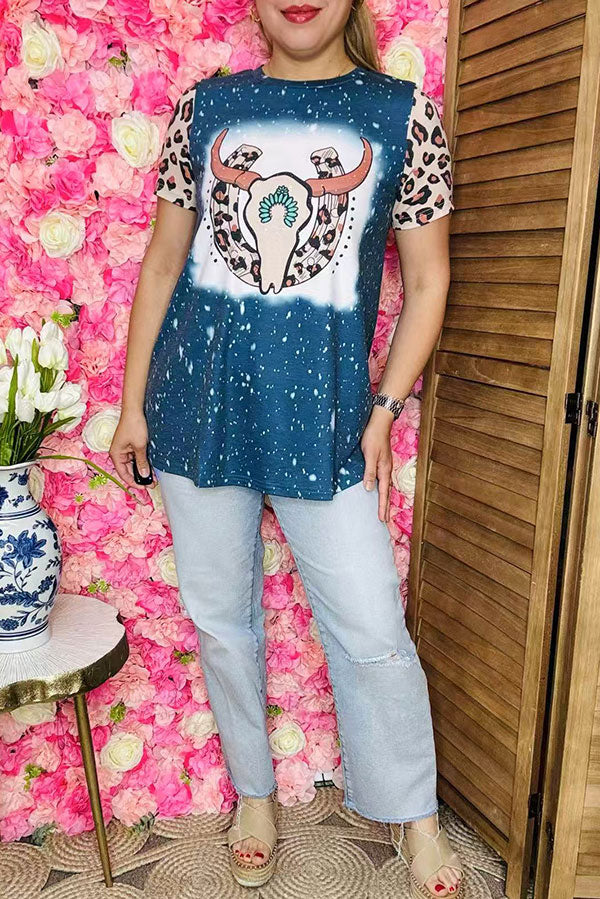 Women's clothing wholesale Bull skull blue leopard printed w/short sleeves XCH11973 (IS13)